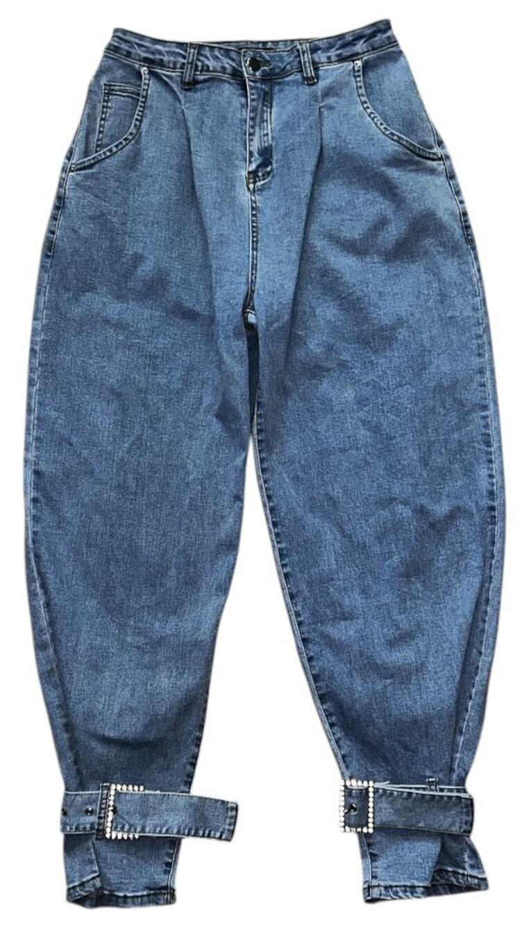 NWT Fashion Nova "She's Glam" Rhinestone Ankle High-Rise Balloon Jeans Medium